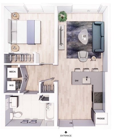A floor plan of a small apartment with a kitchen, living room, and bathroom.